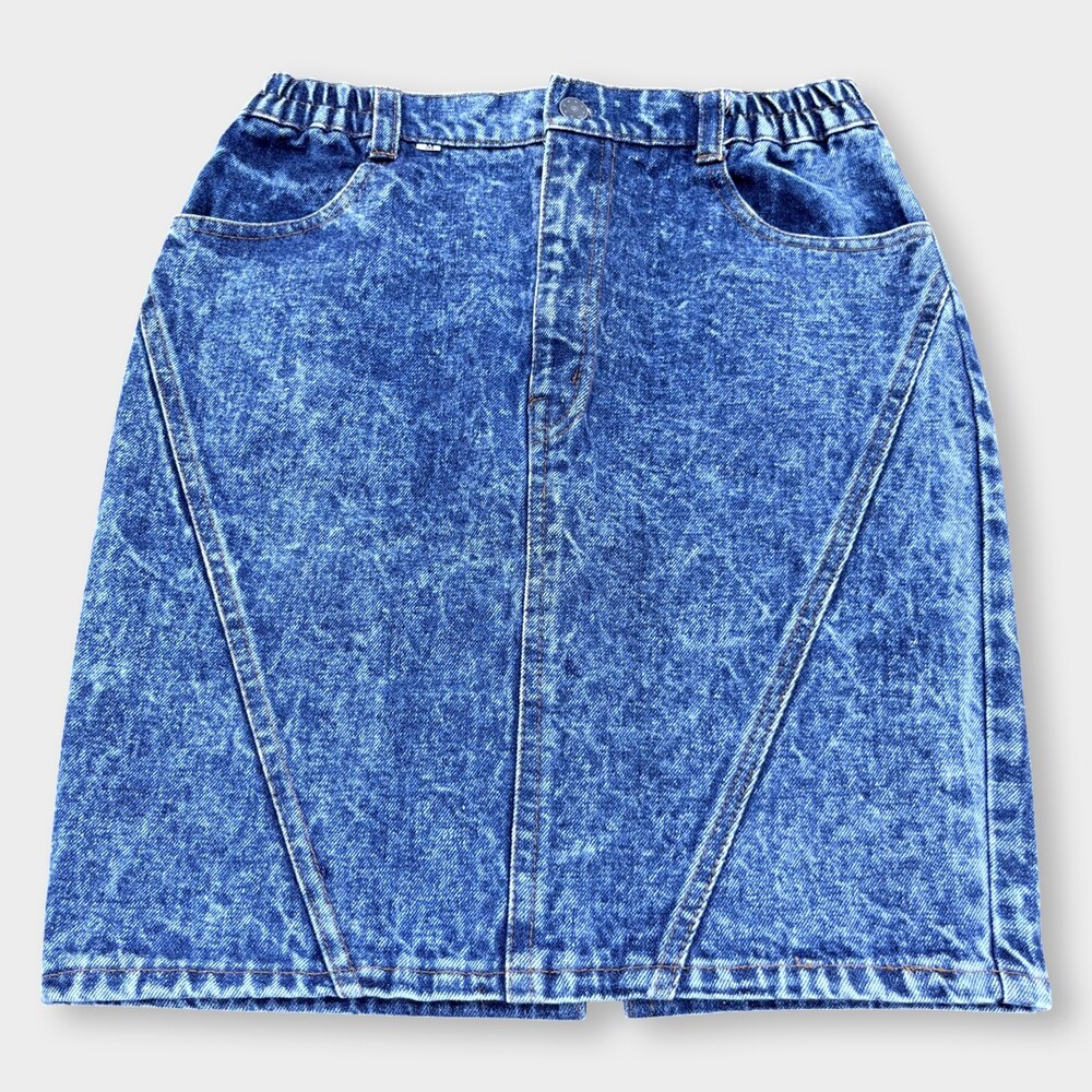 Base Womens Skirt Medium Blue Selvedge Denim Acid Wash Jean Pencil Vintage